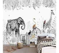 XLMING Hand Drawn Art Black and White Plants Elephants Giraffes 3D Wallpaper Silky Texture Home Study Office Grey Dining Room Sofa Bedroom Living Room TV Backdrop-150cm×105cm