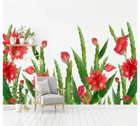 XLMING Hand Drawn Beautiful Cactus Red Flowers 3D Wallpaper Luxury Silk Study Dining Feature Sofa Grey Bedroom Living Room Tv Decorative Wall-200cm×140cm