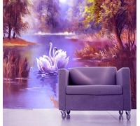 XLMING Hand Drawn Beautiful Forest Swan Lake 3D Wallpaper Silky Texture Home Study Office Grey Dining Room Sofa Bedroom Living Room TV Backdrop-150cm×105cm