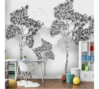 XLMING Hand Drawn Black and White Trees Mountains Birds in Flight 3D Wallpaper Luxury Silk Study Dining Feature Sofa Grey Bedroom Living Room Tv Decorative Wall-350cm×256cm