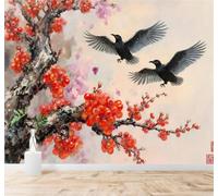 XLMING Hand Drawn Black Bird Red Plum Blossoms Art Painting 3D Wallpaper Premium Textured Silk Study Dining Living Room Bedroom Sofa TV Wall Easy Install-150cm×105cm