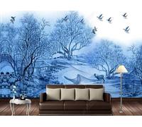 XLMING Hand Drawn Blue Forest Birds Houses 3D Wallpaper Luxury Silk Study Dining Feature Sofa Grey Bedroom Living Room Tv Decorative Wall-350cm×256cm