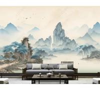 XLMING Hand Drawn Blue Landscapes Trees and Birds 3D Wallpaper Luxury Silk Study Dining Feature Sofa Grey Bedroom Living Room Tv Decorative Wall-300cm×210cm