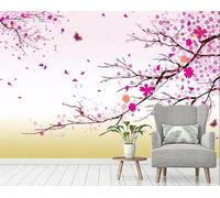 XLMING Hand Drawn Branches Pink Flowers Butterflies 3D Wallpaper Premium Textured Silk Study Dining Living Room Bedroom Sofa TV Wall Easy Install-150cm×105cm