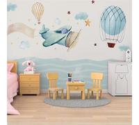 XLMING Hand Drawn Cartoon Airplane Ocean Hot Air Balloon Clouds 3D Wallpaper Premium Textured Silk Study Dining Living Room Bedroom Sofa TV Wall Easy Install-300cm×210cm