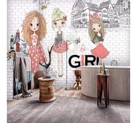 XLMING Hand Drawn Cartoon Art Brick Wall Girl Architecture 3D Wallpaper Silky Texture Home Study Office Grey Dining Room Sofa Bedroom Living Room TV Backdrop-150cm×105cm