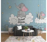 XLMING Hand Drawn Cartoon Fantasy White Clouds Little Elephant 3D Wallpaper Silky Texture Home Study Office Grey Dining Room Sofa Bedroom Living Room TV Backdrop-350cm×256cm