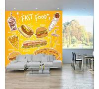 XLMING Hand Drawn Cartoon Food Burgers Pizza Fries 3D Wallpaper Silky Texture Home Study Office Grey Dining Room Sofa Bedroom Living Room TV Backdrop-250cm×170cm