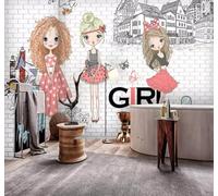 XLMING Hand Drawn Cartoon Girl Brick Wall Urban Architecture 3D Wallpaper Premium Textured Silk Study Dining Living Room Bedroom Sofa TV Wall Easy Install-300cm×210cm