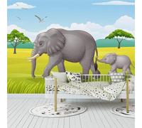 XLMING Hand Drawn Cartoon Grassland Elephant Landscape 3D Wallpaper Luxury Silk Study Dining Feature Sofa Grey Bedroom Living Room Tv Decorative Wall-350cm×256cm