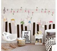 XLMING Hand Drawn Cartoon Rabbit Music Flowers 3D Wallpaper Premium Textured Silk Study Dining Living Room Bedroom Sofa TV Wall Easy Install-350cm×256cm