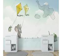 XLMING Hand Drawn Cartoon Sky Baby Elephant Kite Turtle 3D Wallpaper Silky Texture Home Study Office Grey Dining Room Sofa Bedroom Living Room TV Backdrop-350cm×256cm