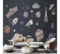 XLMING Hand Drawn Cartoon Universe Starry Sky Planets Spaceship 3D Wallpaper Premium Textured Silk Study Dining Living Room Bedroom Sofa TV Wall Easy Install-150cm×105cm