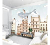 XLMING Hand Drawn Cartoon Whale City Architecture White Clouds 3D Wallpaper Silky Texture Home Study Office Grey Dining Room Sofa Bedroom Living Room TV Backdrop-430cm×300cm