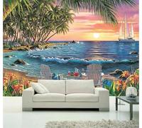 XLMING Hand Drawn Coconut Groves Sandy Beaches Deckchairs The Sea Beautiful Scenery 3D Wallpaper Silky Texture Home Study Office Grey Dining Room Sofa Bedroom Living Room TV Backdrop-430cm×300cm