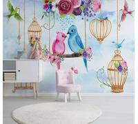 XLMING Hand Drawn Creative Colourful Flowers Birds 3D Wallpaper Silky Texture Home Study Office Grey Dining Room Sofa Bedroom Living Room TV Backdrop-350cm×256cm
