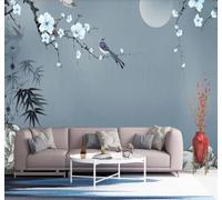 XLMING Hand Drawn Elegant Bamboo Leaves Plum Blossoms Moon 3D Wallpaper Silky Texture Home Study Office Grey Dining Room Sofa Bedroom Living Room TV Backdrop-150cm×105cm