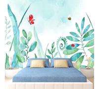 XLMING Hand Drawn Fresh Beautiful Green Plants Butterflies 3D Wallpaper Silky Texture Home Study Office Grey Dining Room Sofa Bedroom Living Room TV Backdrop-200cm×140cm