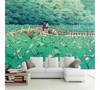 XLMING Hand Drawn Fresh Lotus Leaves Lotus Flowers Wooden Bridge Woods 3D Wallpaper Silky Texture Home Study Office Grey Dining Room Sofa Bedroom Living Room TV Backdrop-300cm×210cm