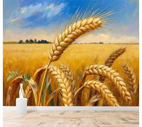 XLMING Hand Drawn Golden Wheat Field Blue Sky Trees Countryside Scenery 3D Wallpaper Premium Textured Silk Study Dining Living Room Bedroom Sofa TV Wall Easy Install-150cm×105cm