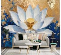 XLMING Hand Drawn Minimalist White Lotus Abstract Blue and Gold 3D Wallpaper Premium Textured Silk Study Dining Living Room Bedroom Sofa TV Wall Easy Install-200cm×140cm