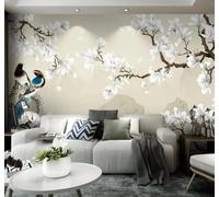 XLMING Hand Drawn Minimalist White Magnolia Blossoms Little Birds 3D Wallpaper Premium Textured Silk Study Dining Living Room Bedroom Sofa TV Wall Easy Install-200cm×140cm