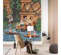 XLMING Hand Drawn People Architecture Houses River Small Boat 3D Wallpaper Premium Textured Silk Study Dining Living Room Bedroom Sofa TV Wall Easy Install-150cm×105cm