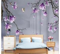 XLMING Hand Drawn Purple Beautiful Magnolia Birds Flowers 3D Wallpaper Silky Texture Home Study Office Grey Dining Room Sofa Bedroom Living Room TV Backdrop-250cm×170cm