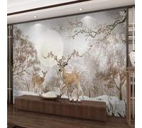 XLMING Hand Drawn Retro Art Forest Elk Moon 3D Wallpaper Premium Textured Silk Study Dining Living Room Bedroom Sofa TV Wall Easy Install-400cm×280cm