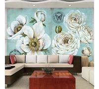 XLMING Hand Drawn Retro Art White Flowers Butterflies 3D Wallpaper Premium Textured Silk Study Dining Living Room Bedroom Sofa TV Wall Easy Install-250cm×170cm