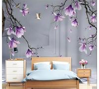 XLMING Hand Drawn Romantic Fresh Beautiful Magnolia Birds 3D Wallpaper Silky Texture Home Study Office Grey Dining Room Sofa Bedroom Living Room TV Backdrop-300cm×210cm