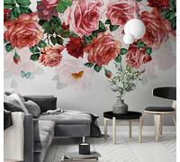XLMING Hand Drawn Romantic Red Roses Butterflies 3D Wallpaper Luxury Silk Study Dining Feature Sofa Grey Bedroom Living Room Tv Decorative Wall-300cm×210cm