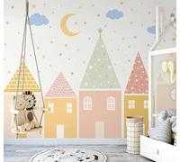 XLMING Hand Drawn Stars Moon Cartoon Houses 3D Wallpaper Luxury Silk Study Dining Feature Sofa Grey Bedroom Living Room Tv Decorative Wall-200cm×140cm