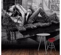 XLMING Hand Drawn Vintage Black and White Art Kiss 3D Wallpaper Silky Texture Home Study Office Grey Dining Room Sofa Bedroom Living Room TV Backdrop-200cm×140cm