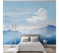XLMING Hand Drawn Watercolour High Mountains Full Moon White Clouds Mist 3D Wallpaper Silky Texture Home Study Office Grey Dining Room Sofa Bedroom Living Room TV Backdrop-430cm×300cm