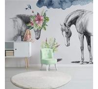 XLMING Hand Drawn Watercolour Horses Flowers Butterflies Birds 3D Wallpaper Premium Textured Silk Study Dining Living Room Bedroom Sofa TV Wall Easy Install-200cm×140cm