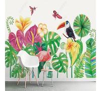 XLMING Hand Drawn Watercolour Tropical Plants Leaves Flowers Birds 3D Wallpaper Premium Textured Silk Study Dining Living Room Bedroom Sofa TV Wall Easy Install-350cm×256cm