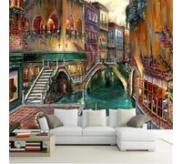 XLMING Hand Painted Art Town River Architecture Small Bridge 3D Wallpaper Premium Textured Silk Study Dining Living Room Bedroom Sofa TV Wall Easy Install-150cm×105cm