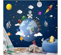 XLMING Hand Painted Cartoon Blue Sky Starry Sky Planets Aliens 3D Wallpaper Silky Texture Home Study Office Grey Dining Room Sofa Bedroom Living Room TV Backdrop-350cm×256cm