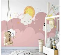 XLMING Hand Painted Cartoon Pink Clouds Stars 3D Wallpaper Premium Textured Silk Study Dining Living Room Bedroom Sofa TV Wall Easy Install-350cm×256cm
