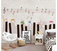 XLMING Hand Painted Cartoon Rabbit Piano Flowers 3D Wallpaper Premium Textured Silk Study Dining Living Room Bedroom Sofa TV Wall Easy Install-400cm×280cm