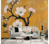XLMING Hand Painted Gold Ink Wash White Plum Blossoms Art 3D Wallpaper Premium Textured Silk Study Dining Living Room Bedroom Sofa TV Wall Easy Install-400cm×280cm