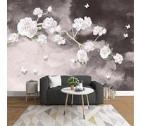 XLMING Hand Painted Graffiti White Flowers Branches Butterflies 3D Wallpaper Silky Texture Home Study Office Grey Dining Room Sofa Bedroom Living Room TV Backdrop-350cm×256cm