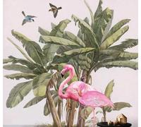 XLMING Hand Painted Green Banana Tree Pink Flamingo 3D Wallpaper Premium Textured Silk Study Dining Living Room Bedroom Sofa TV Wall Easy Install-350cm×256cm