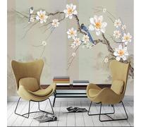 XLMING Hand Painted Ink and Watercolour Abstract Mountain Tree Branches Birds and Flowers 3D Wallpaper Luxury Silk Study Dining Feature Sofa Grey Bedroom Living Room Tv Decorative Wall-430cm×300cm