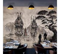 XLMING Hand Painted Ink Wash Art Samurai Architecture Mountains 3D Wallpaper Silky Texture Home Study Office Grey Dining Room Sofa Bedroom Living Room TV Backdrop-300cm×210cm