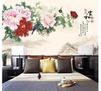 XLMING Hand Painted Ink Wash Hills Colourful Peonies 3D Wallpaper Premium Textured Silk Study Dining Living Room Bedroom Sofa TV Wall Easy Install-400cm×280cm