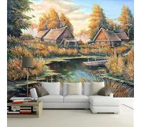 XLMING Hand Painted Retro Country House Woods River 3D Wallpaper Silky Texture Home Study Office Grey Dining Room Sofa Bedroom Living Room TV Backdrop-300cm×210cm