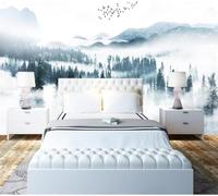 XLMING Hand Painted Smokey Wonderland Mountain Peaks Forest Birds 3D Wallpaper Silky Texture Home Study Office Grey Dining Room Sofa Bedroom Living Room TV Backdrop-250cm×170cm