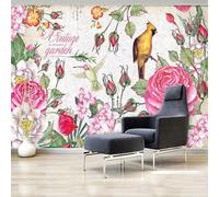 XLMING Hand Painted Warm Colourful Roses Garden Birds 3D Wallpaper Silky Texture Home Study Office Grey Dining Room Sofa Bedroom Living Room TV Backdrop-430cm×300cm